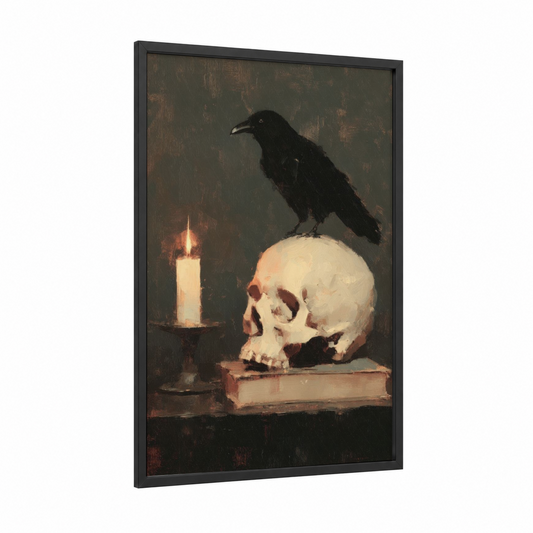 Raven's Vigil framed halloween print — black wood frame — dark green and cream palette