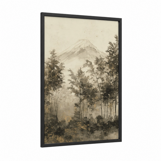 Misty Fuji framed mount fuji print — black wood frame — gray and cream palette
