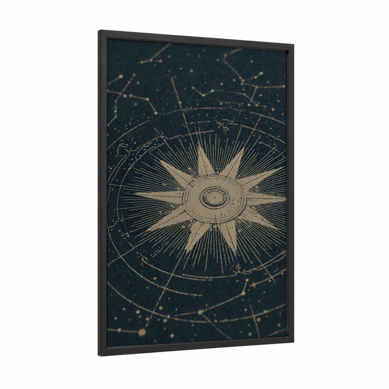 Celestial Compass framed art print — black wood frame — dark blue and gold palette