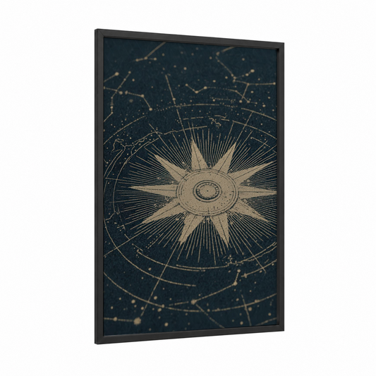 Celestial Compass framed art print — black wood frame — dark blue and gold palette