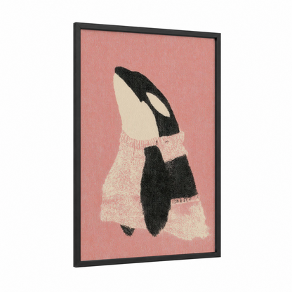 Cozy Orca framed orca whale print — black wood frame — salmon pink and cream palette