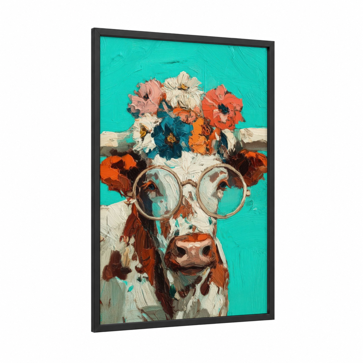 Floral Longhorn framed longhorn cow print — black wood frame — turquoise and orange palette