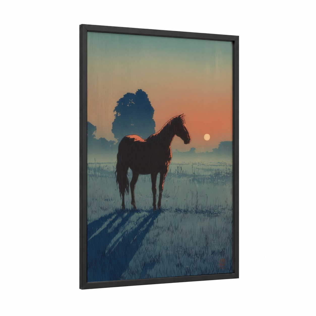 Sunset Quarter Horse framed art print — black wood frame — peach and blue palette