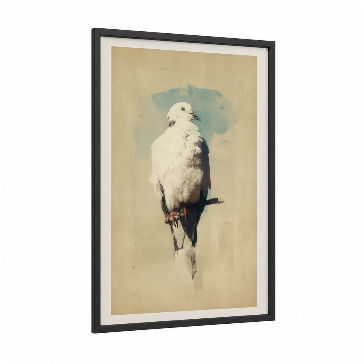 White Dove Portrait framed art print — black wood frame — cream and blue palette