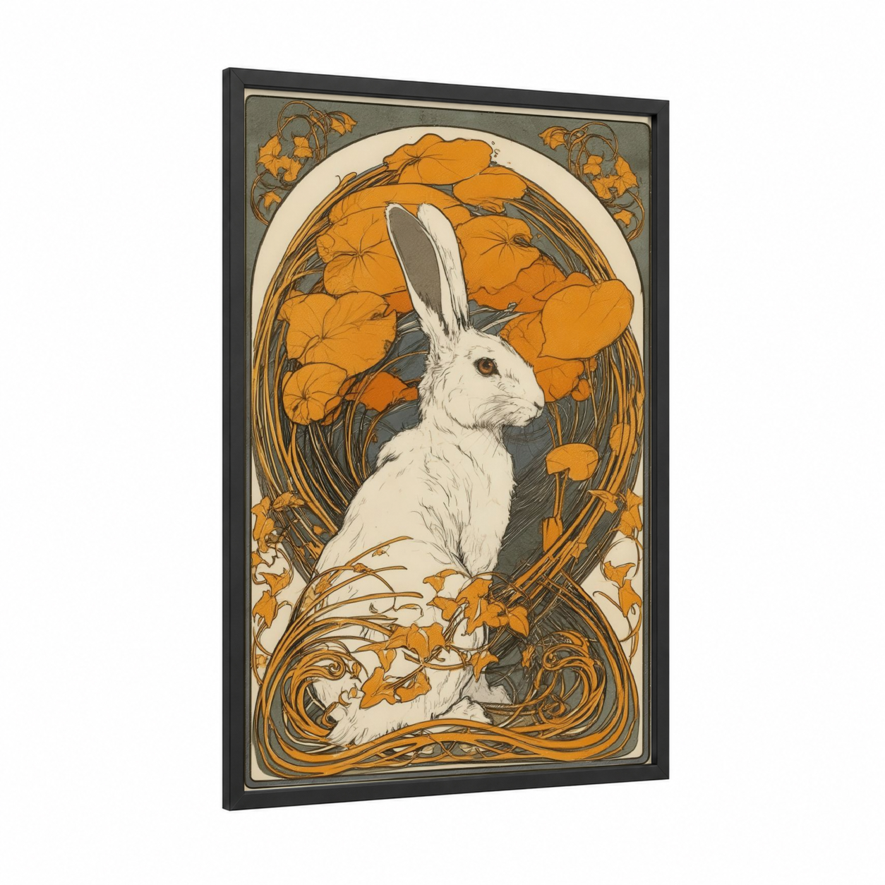 Golden Rabbit Portrait framed art print — black wood frame — gold and white palette