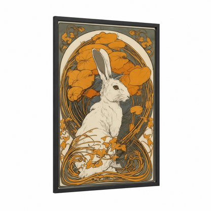 Golden Rabbit Portrait framed art print — black wood frame — gold and white palette