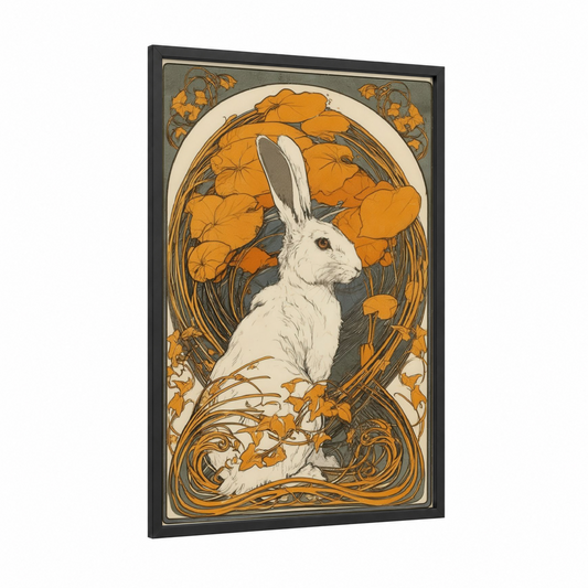 Golden Rabbit Portrait framed art print — black wood frame — gold and white palette