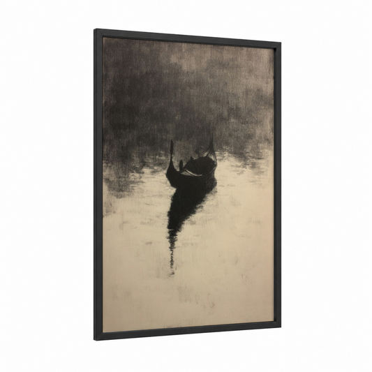 Misty Gondola framed art print — black wood frame — black and white and gray palette