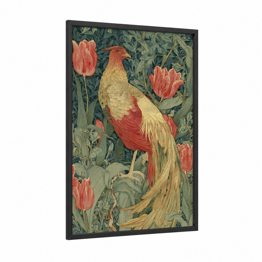 Golden Phoenix Tulips framed art print — black wood frame — gold and red palette