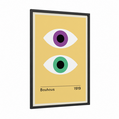 Bauhaus Eyes framed abstract geometric print — black wood frame — yellow and purple palette
