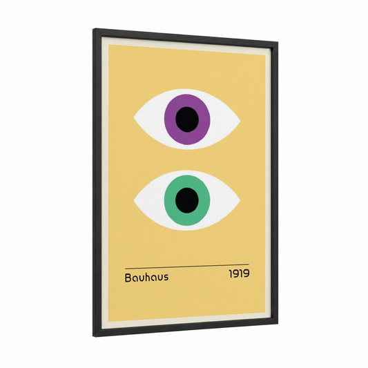 Bauhaus Eyes framed abstract geometric print — black wood frame — yellow and purple palette