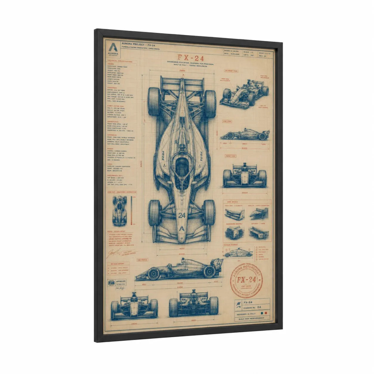 Formula Racing Blueprint Wall Art framed car print — black wood frame — blue and beige palette