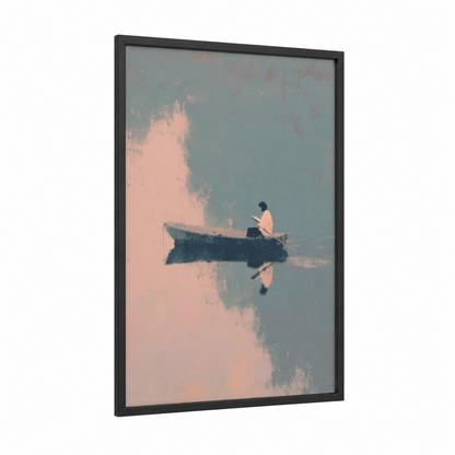 Solitary Reader framed reading print — black wood frame — peach and bermuda gray palette