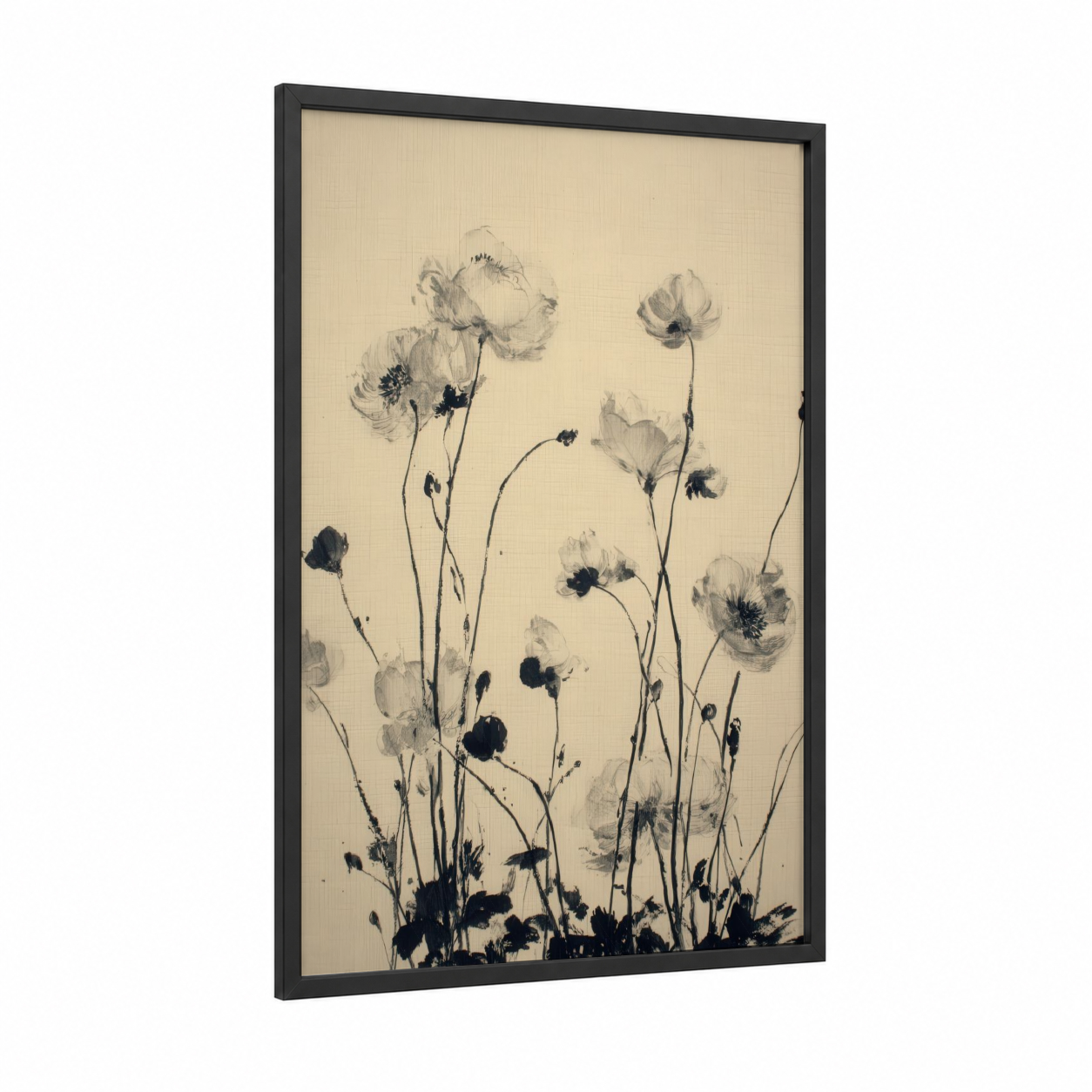 Delicate Ranunculus framed art print — black wood frame — black and white and cream palette