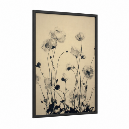 Delicate Ranunculus framed art print — black wood frame — black and white and cream palette