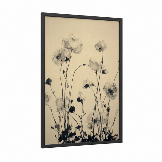 Delicate Ranunculus framed art print — black wood frame — black and white and cream palette