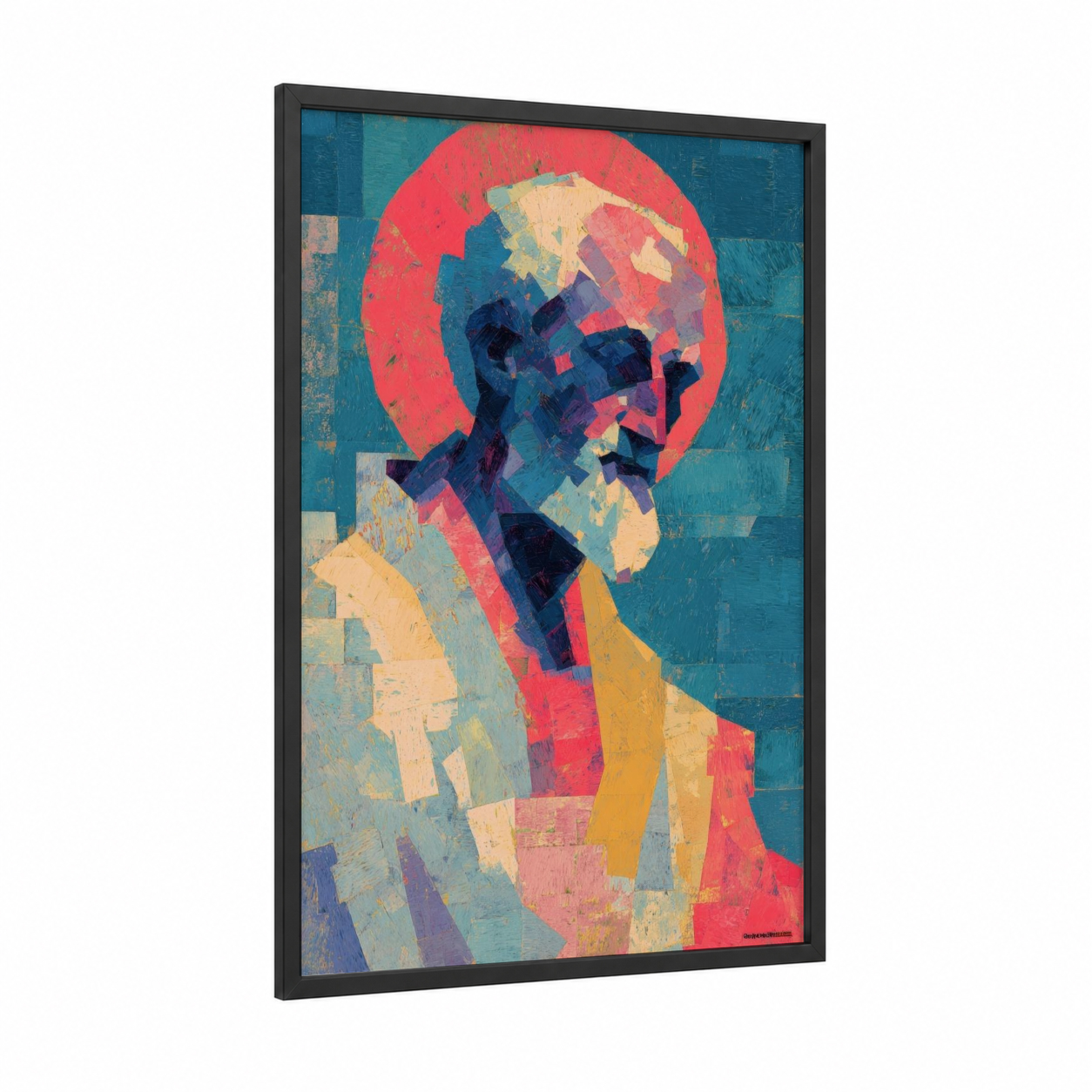 Cubist Saint Peter framed st. peter print — black wood frame — red and teal palette