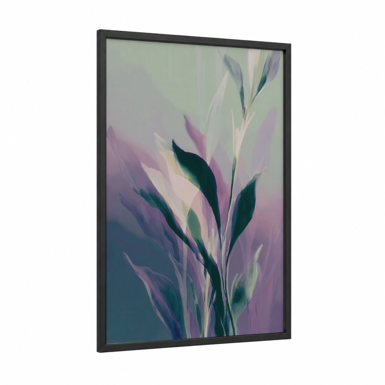 Ethereal Herbs framed art print — black wood frame — lavender and light green palette