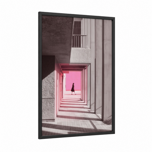 Pink Corridor framed abstract architecture print — black wood frame — magenta and gray palette