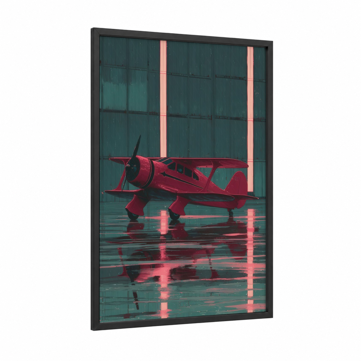Crimson Vintage Plane framed propeller plane print — black wood frame — red and teal palette