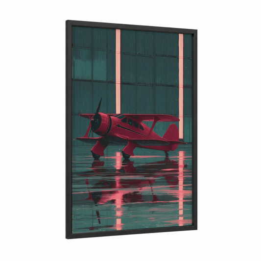 Crimson Vintage Plane framed propeller plane print — black wood frame — red and teal palette