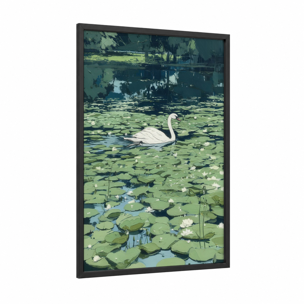 Lily Pad Swan framed art print — black wood frame — light green and blue and white palette