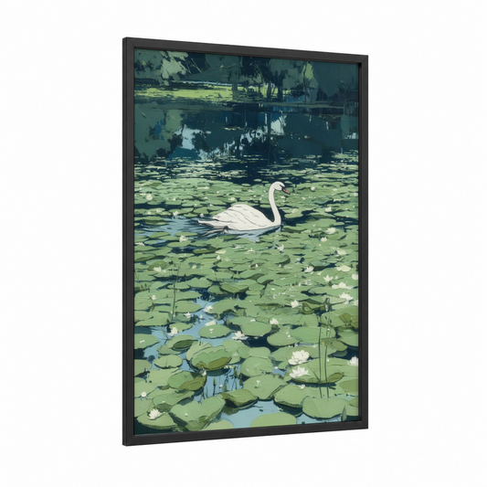 Lily Pad Swan framed art print — black wood frame — light green and blue and white palette