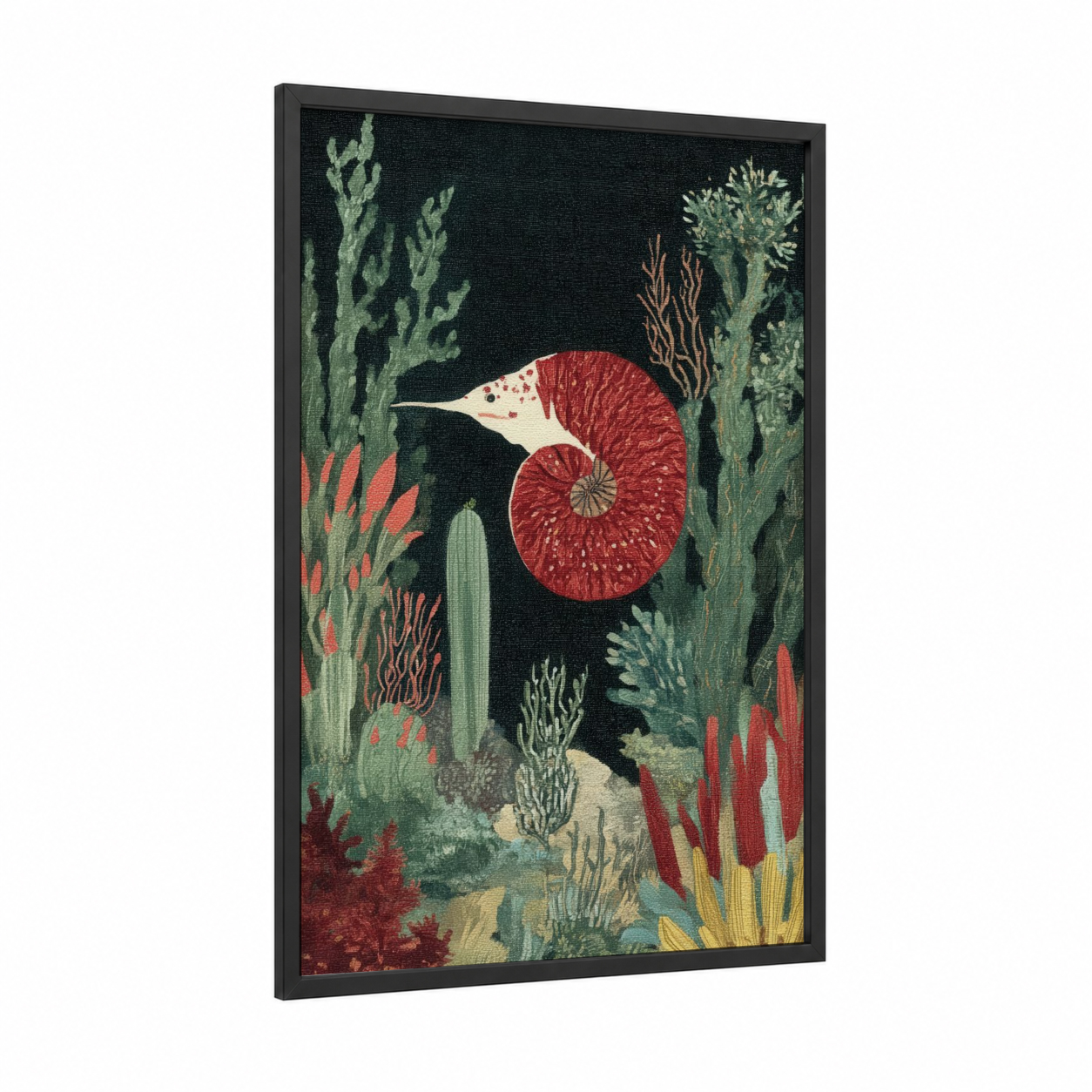 Crimson Nautilus framed art print — black wood frame — red and dark green palette