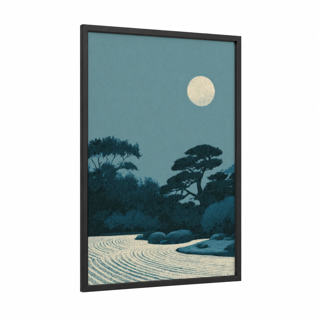 Moonlit Garden framed night sky print — black wood frame — blue and white and dove gray palette