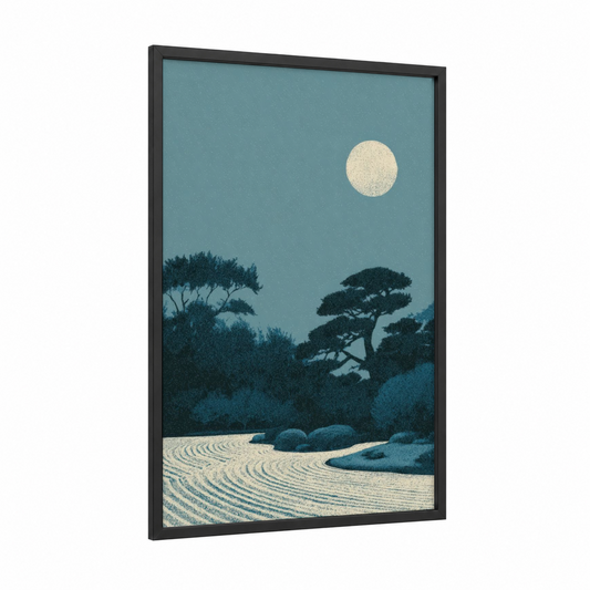 Moonlit Garden framed night sky print — black wood frame — blue and white and dove gray palette