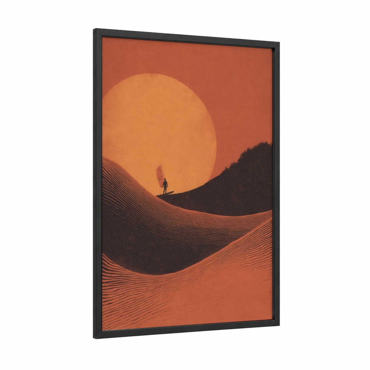 Desert Surfer framed windsurfing print — black wood frame — orange and maroon palette