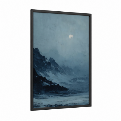 Moonlit Glacier framed art print — black wood frame — blue and gray and white palette