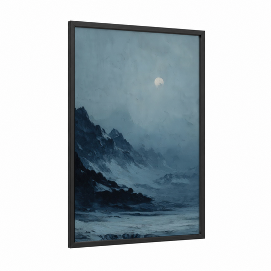 Moonlit Glacier framed art print — black wood frame — blue and gray and white palette