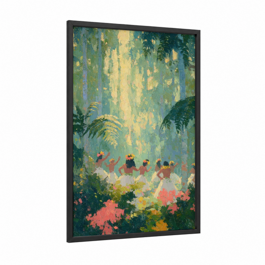 Tropical Hula Dance framed art print — black wood frame — gold and true green palette