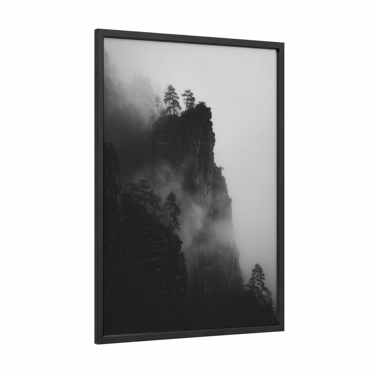 Misty Cliff framed art print — black wood frame — black and white palette
