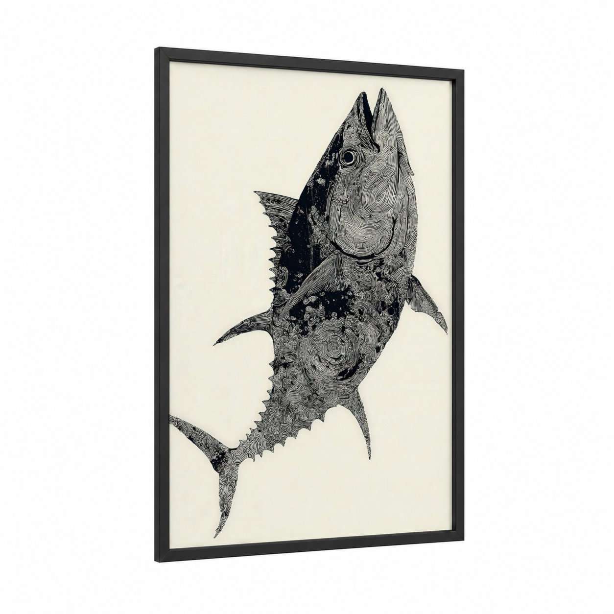 Detailed Tuna Study framed art print — black wood frame — black and white and cream palette