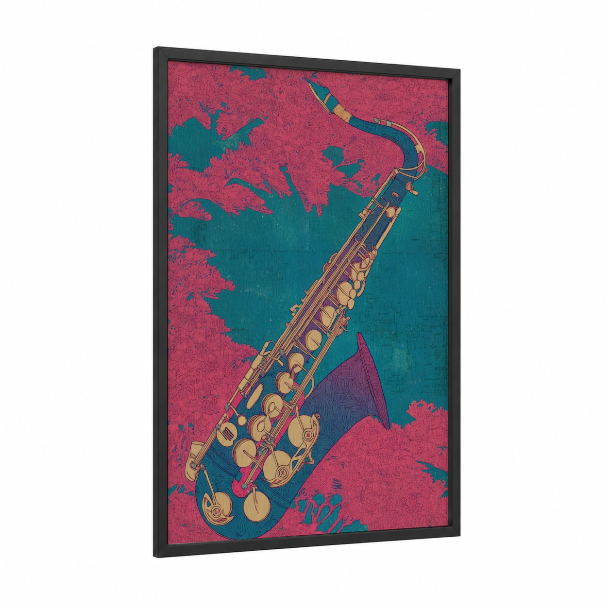 Pink Saxophone framed art print — black wood frame — magenta and teal palette