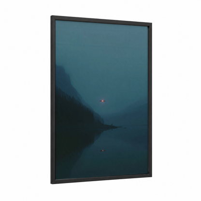 Misty Lake UFO framed art print — black wood frame — dark blue and black palette