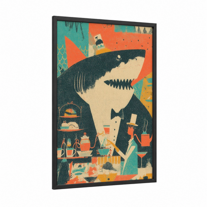 Dapper Shark framed great white shark print — black wood frame — orange and teal palette