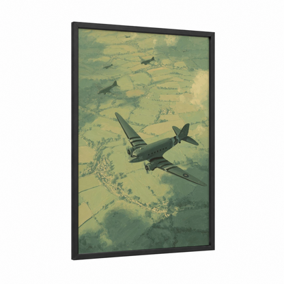 Warbird Formation framed military plane print — black wood frame — cream and light green palette