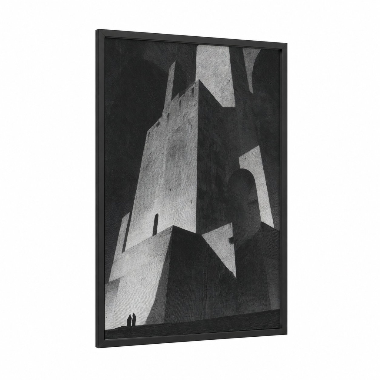 Brutalist Castle Tower framed art print — black wood frame — black and white and gray palette