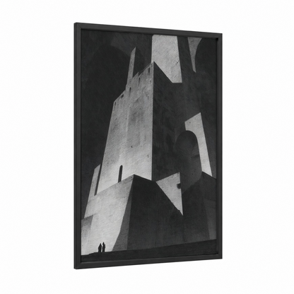 Brutalist Castle Tower framed art print — black wood frame — black and white and gray palette