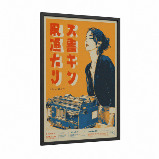 Vintage Japanese Advertisement framed vintage japanese ads print — black wood frame — gold and blue palette