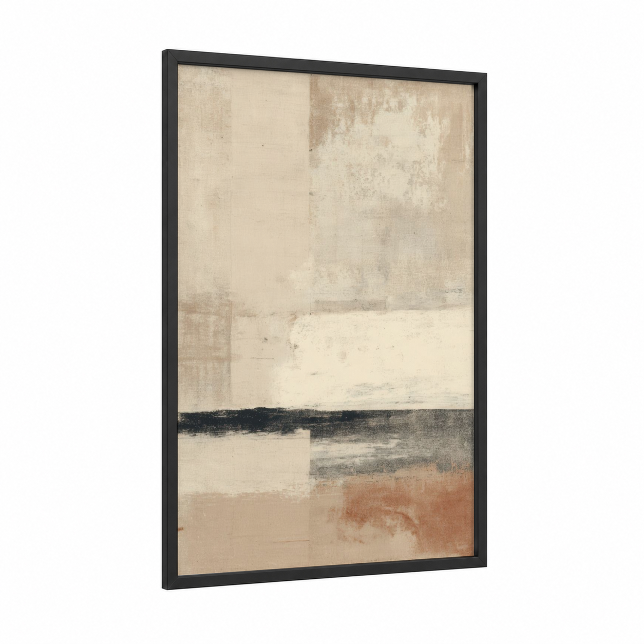 Neutral Horizon framed abstract minimalist print — black wood frame — beige and black and white palette