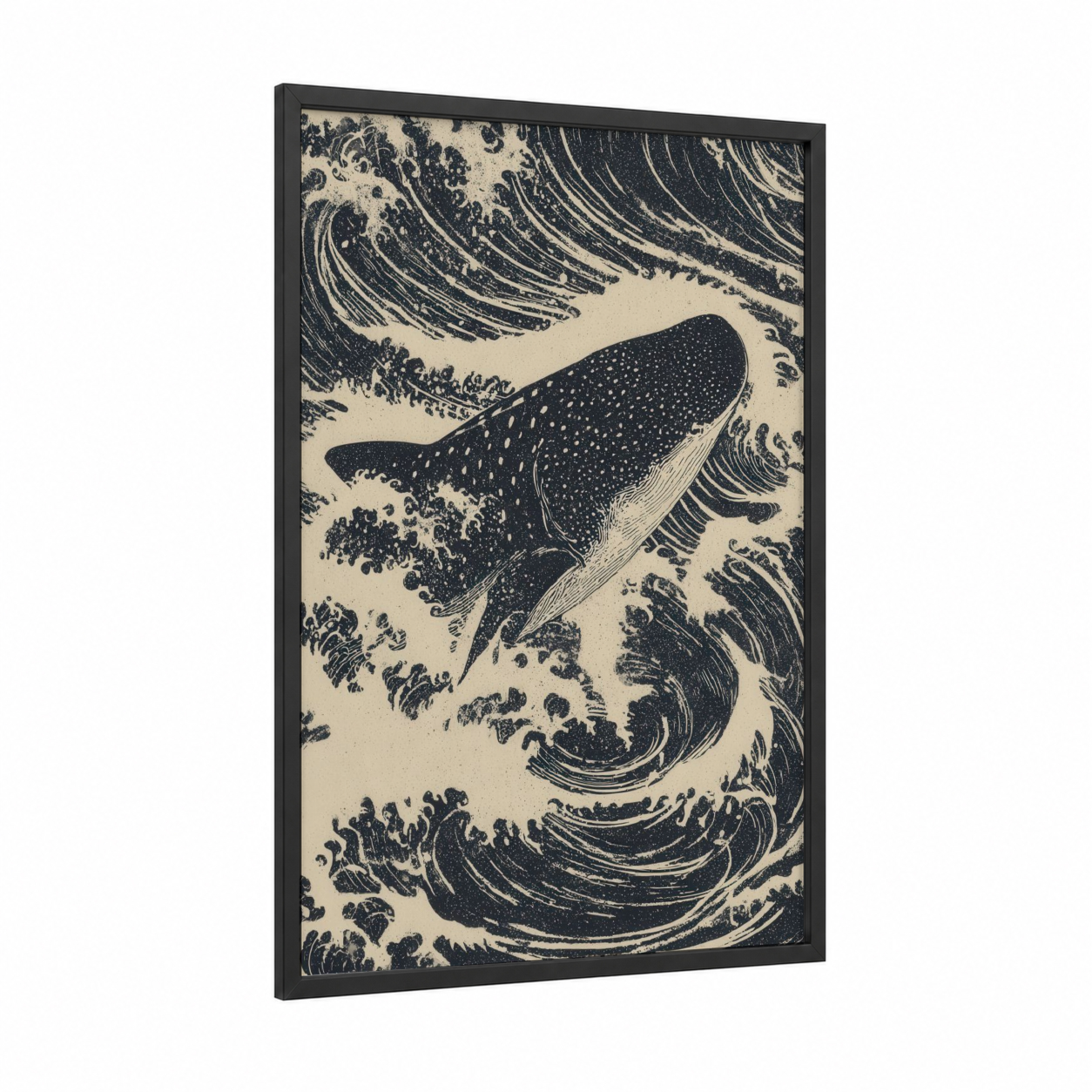 Whale Shark Waves framed art print — black wood frame — black and white and cream palette