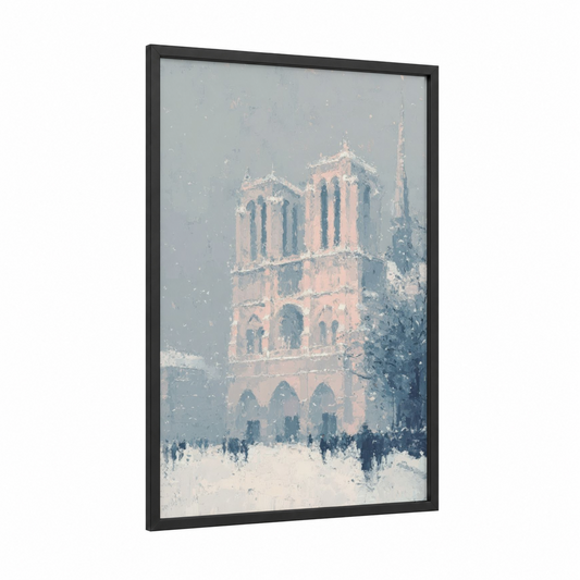 Snowy Notre-Dame framed notre dame print — black wood frame — gray and white palette