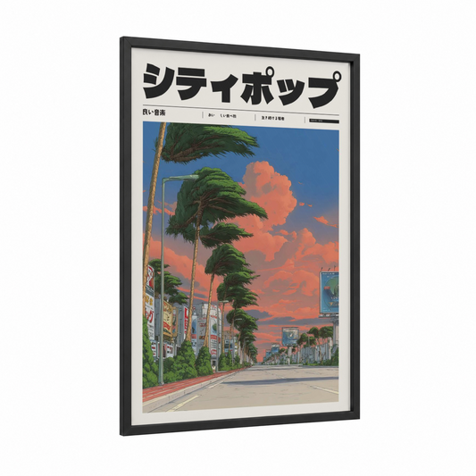Sunset Boulevard framed anime and manga print — black wood frame — blue and salmon pink palette