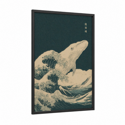 Wave Rider Whale framed sperm whale print — black wood frame — blue and white and gold palette
