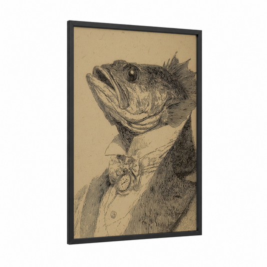 Gentleman Snook framed art print — black wood frame — black and white and beige palette