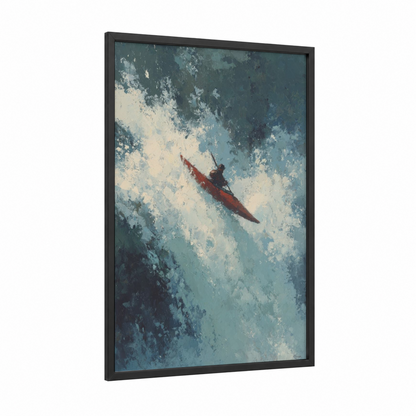 Red Kayak Adventure framed kayaks and canoes print — black wood frame — blue and cream palette